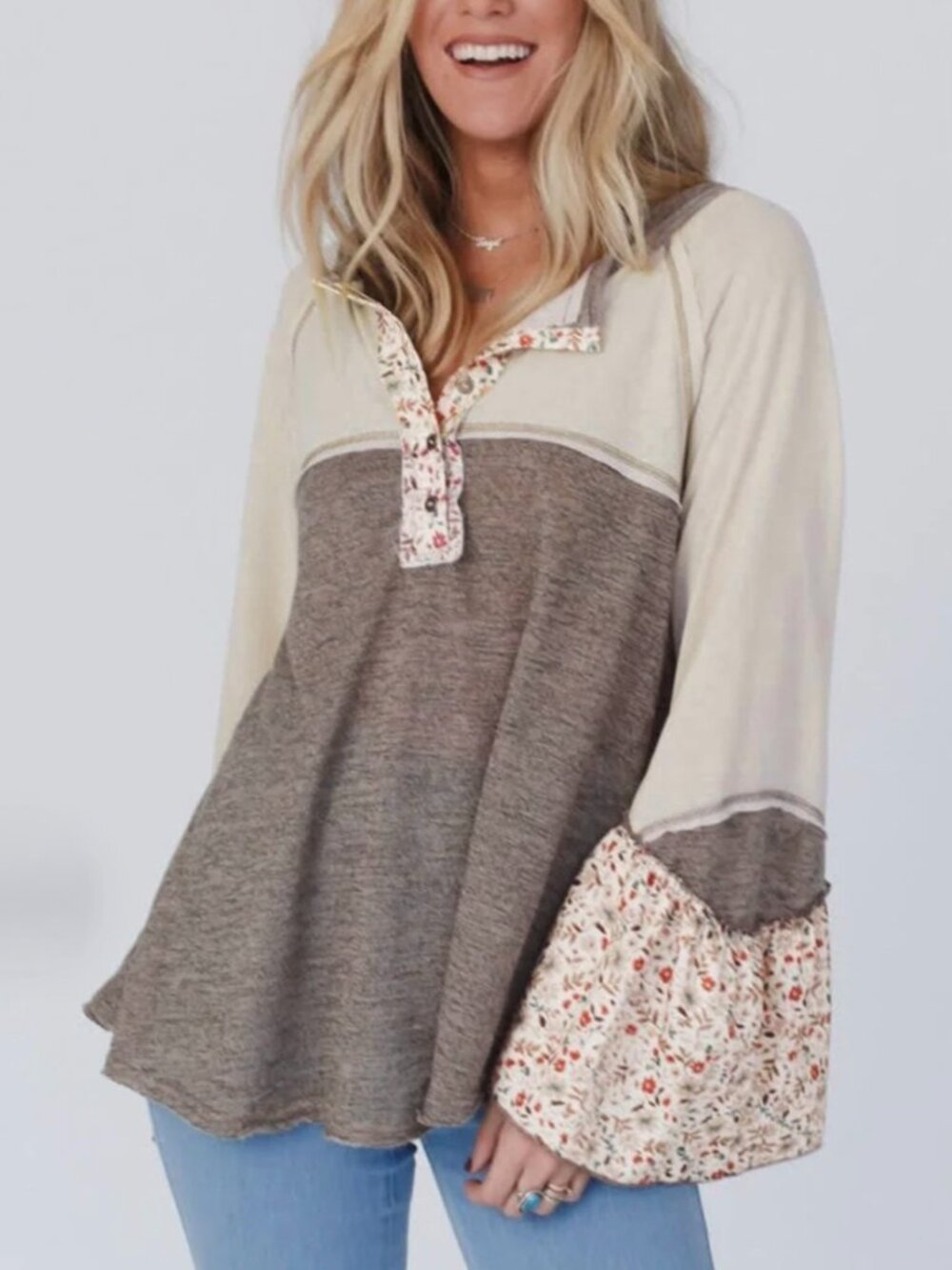 POL Shirt Women’s small Cream Floral Sleeve Half Button Henley Top